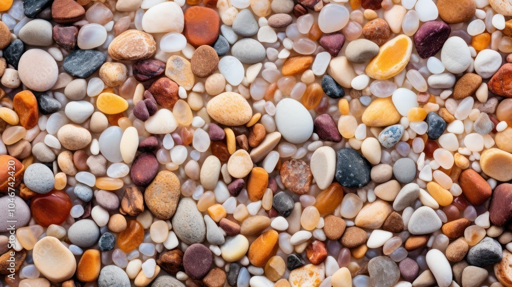 Broad view of a surface scattered with tiny, bright-colored pebbles and grains of sand. The image includes a large area of empty space, Broad view of a surface scattered with tiny, bright-colored pebbles and grains of sand. The image includes a large area of empty space,