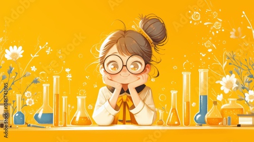 A young girl with glasses sits cheerfully among an array of colorful beakers and flowers, symbolizing curiosity and scientific exploration in a whimsical setting. photo