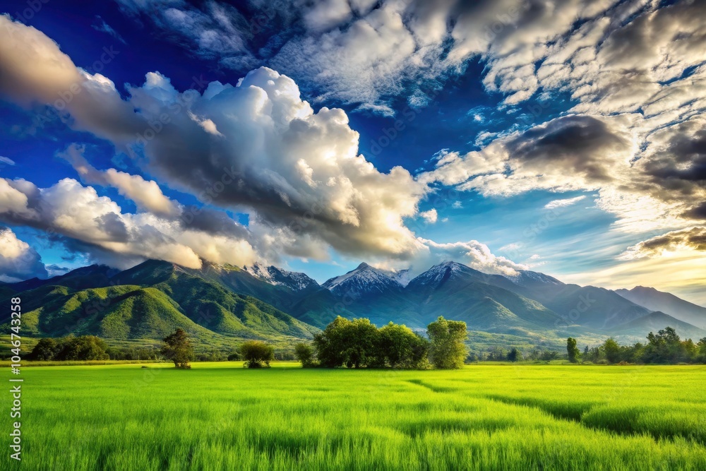 Serene Double Exposure Landscape of Green Grass Field, Majestic Mountains, and Lush Clouds on a Clear Sunny Day in a Vibrant Blue Sky Serene Double Exposure Landscape of Green Grass Field, Majestic Mountains, and Lush Clouds on a Clear Sunny Day in a Vibrant Blue Sky
