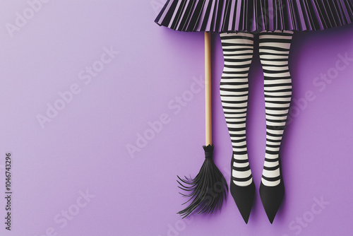 halloween witch legs in bat print tights and sparkling purple glitter witch boots against an orange backgroundbanner/design/web/ photo