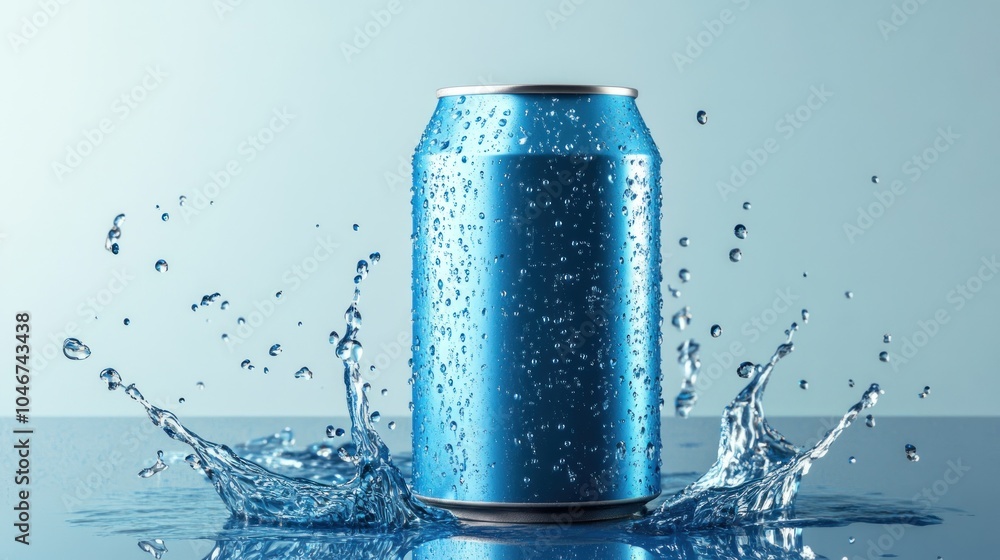 A blue soda can splashes in water, emphasizing refreshment and hydration. A blue soda can splashes in water, emphasizing refreshment and hydration.