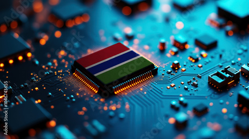A Gambia themed chip is placed on a detailed circuit board, with glowing connections that emphasize influence in electronics, computing, and tech innovation.