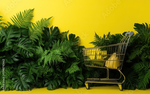 Shopping cart filled with fresh fruits nestled among vibrant green ferns on a bright yellow background. photo