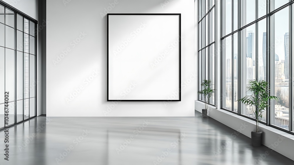 Office interior with large windows and blank canvas on white wall for advertising mockup Office interior with large windows and blank canvas on white wall for advertising mockup