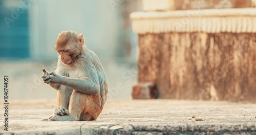 Obraz na płótnie Jaipur, Rajasthan, India. Monkey Sit On Rooftop Of Hindu Temple. Bonnet Macaque - Macaca Radiata Or Zati. Every Day Life Of India. Monkey Combing Out Fleas w salonie