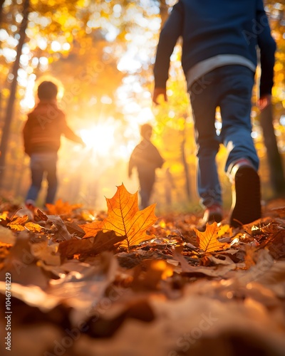 Children playing in a sunlit autumn forest