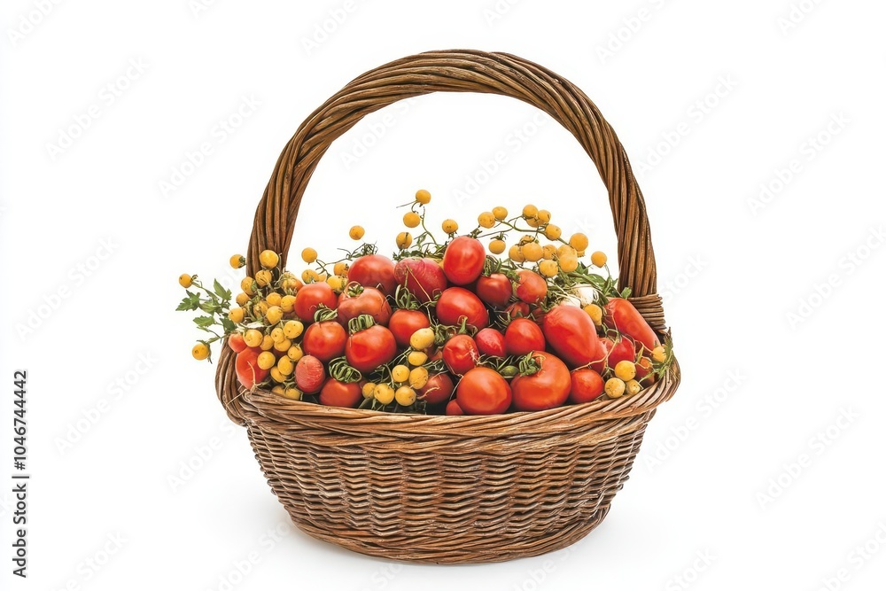A beautifully arranged basket filled with vibrant red tomatoes and yellow berries, perfect for healthy recipes and fresh cuisine. A beautifully arranged basket filled with vibrant red tomatoes and yellow berries, perfect for healthy recipes and fresh cuisine.