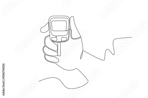 Continuous one line drawing of Hand holding blood glucose measuring device, International diabetes day
