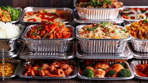 Delicious Asian food takeout featuring colorful dishes in aluminum containers, including rice, noodles, vegetables, chicken, and beef for perfect meal at home.