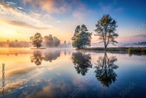 Wallpaper Mural A serene lake at dawn with a misty atmosphere and a few trees surrounding the water's edge, serene lake, misty morning, scenery, serenity Torontodigital.ca