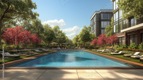 The tranquil outdoor swimming pool glistens under the sun, bordered by colorful flowers and inviting lounge chairs in a contemporary residential area