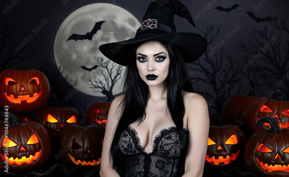 A mystical witch with dark, lacy attire sits among glowing jack-o’-lanterns, under the brightness of a full moon and swooping bats, for Halloween night magic. A mystical witch with dark, lacy attire sits among glowing jack-o’-lanterns, under the brightness of a full moon and swooping bats, for Halloween night magic.