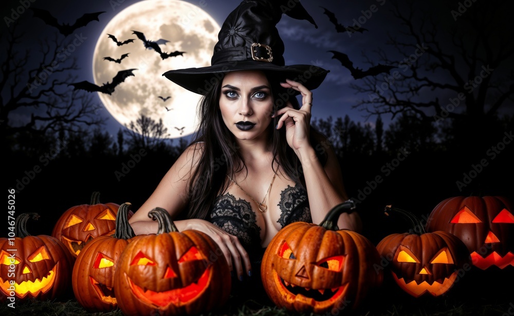 An elegant witch with black attire, surrounded by vibrant jack-o'-lanterns and trees silhouetted against a bright full moon, evoking a whimsical fantasy evening. An elegant witch with black attire, surrounded by vibrant jack-o'-lanterns and trees silhouetted against a bright full moon, evoking a whimsical fantasy evening.