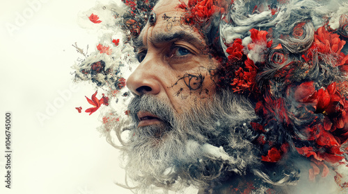 A man with an intricate floral crown looks pensively off to the side, surrounded by vibrant swirls of color and blooming flowers