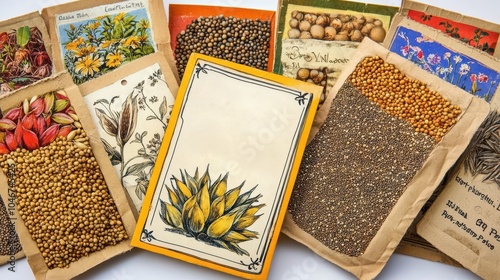 A vibrant collection of various seed packets showcasing detailed illustrations and natural textures, perfect for gardening enthusiasts.