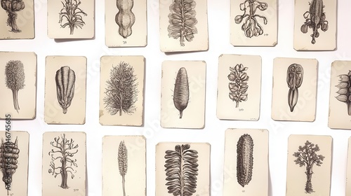 An artistic collection of vintage botanical illustrations featuring various plants and seed pods arranged neatly on cards. photo