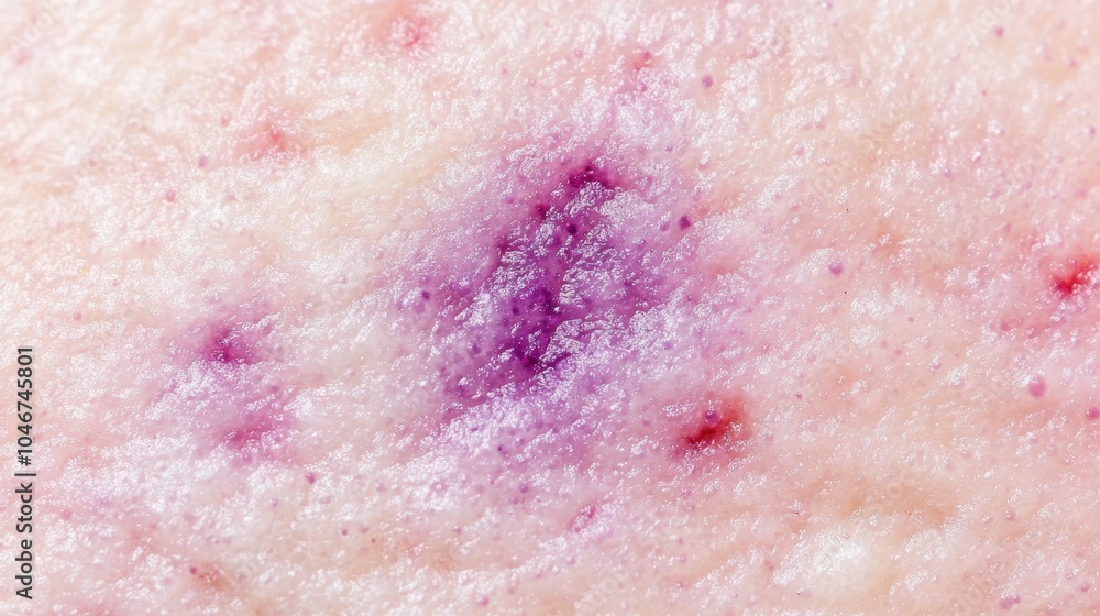 Fototapeta premium Close up of fresh bruise with deep blue-purple tone spreading under pale skin detailed texture capturing swelling and slight redness highlighting injury depth