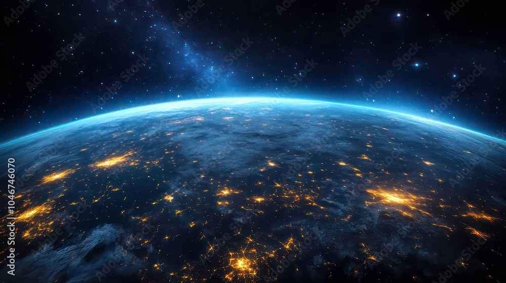 Obraz premium A stunning view of Earth from space at night, showing the glowing lights of cities and the vast expanse of the universe.