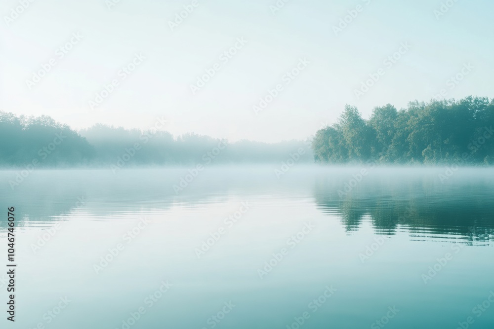 The calm waters of the lake are enveloped in mist as the early morning light casts a serene glow over the landscape. Generative AI The calm waters of the lake are enveloped in mist as the early morning light casts a serene glow over the landscape. Generative AI