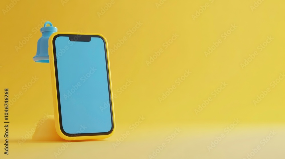 A yellow smartphone with a blue notification bell icon on a yellow background. A yellow smartphone with a blue notification bell icon on a yellow background.