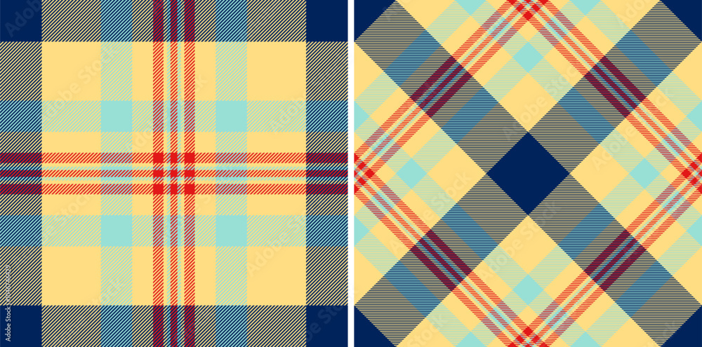Fabric textile pattern of tartan check vector with a plaid seamless texture background. Set in happy colors of messy stripe art. Fabric textile pattern of tartan check vector with a plaid seamless texture background. Set in happy colors of messy stripe art.