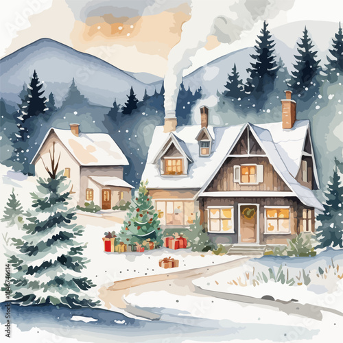 Watercolor illustration of a cozy winter scene featuring a snow-covered landscape a decorated Christmas tree and a charming house with a smoking chimney-evoking holiday warmth drawing by hand.
