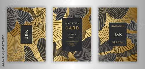 Gold colored floral wedding invitation cards. Elegant stylized linear abstract begonia flowers background with dark details. Botanical illustration EPS 10 vector design template set. Clipping masks.