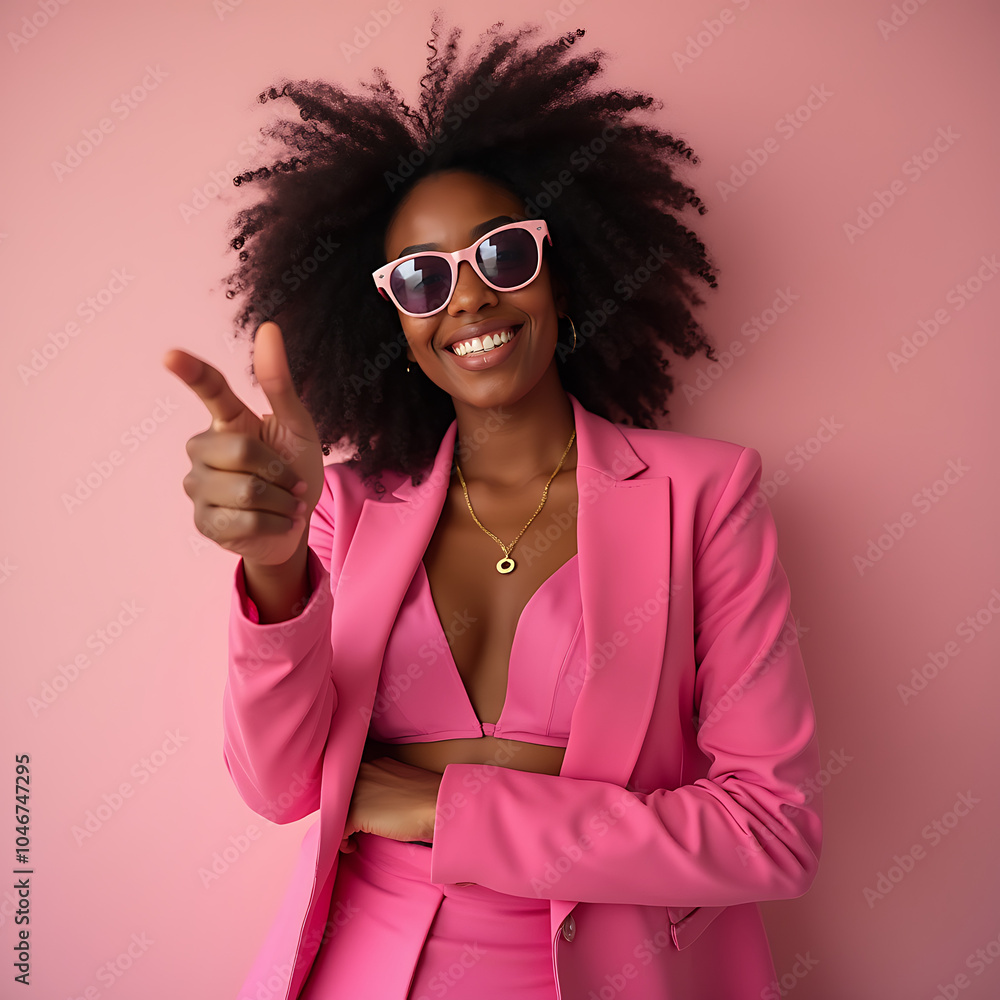 Femme noire à lunettes, posant avec un sourire charmant sur un fond rose Femme noire à lunettes, posant avec un sourire charmant sur un fond rose