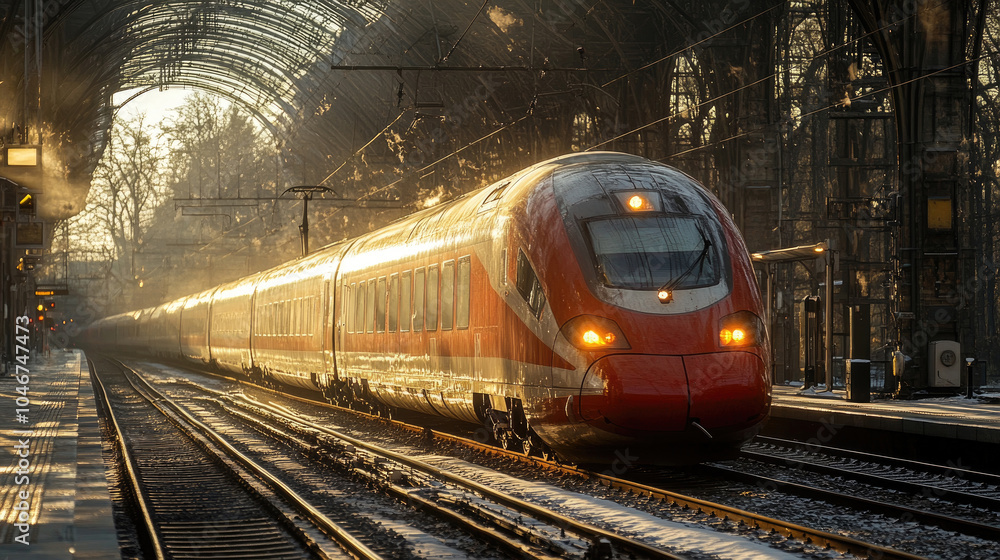 Naklejka premium A sleek red train pulls into a lively station bathed in the warm glow of early morning sunlight, illuminating the surroundings