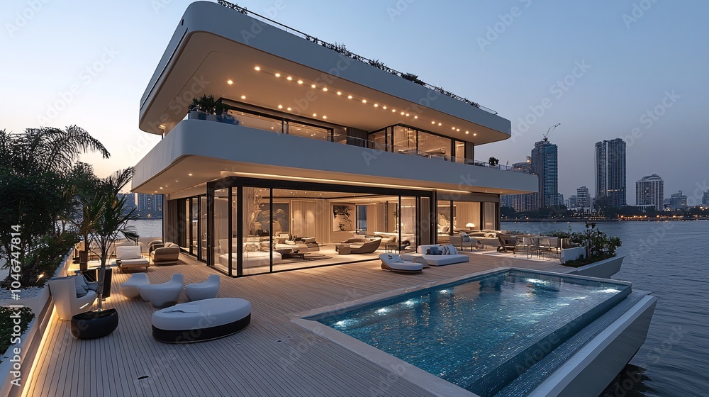 Fototapeta premium A modern waterfront villa featuring an elegant pool, spacious terraces, and stunning city views, illuminated in the evening.