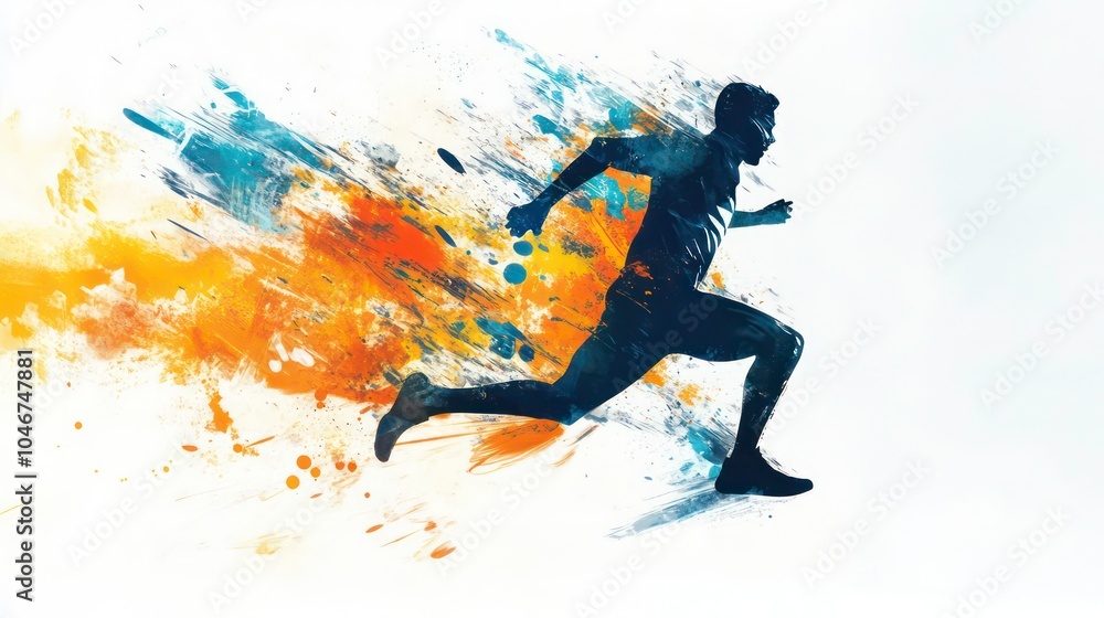 Naklejka premium Silhouette of a runner with colorful abstract paint splatter background.