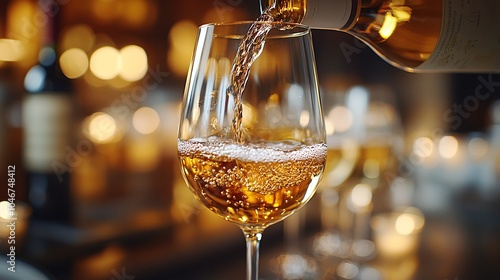 Wallpaper Mural A glass sparkling with a bubbly drink is being filled, set against a warm, illuminated background of wine bottles. Torontodigital.ca