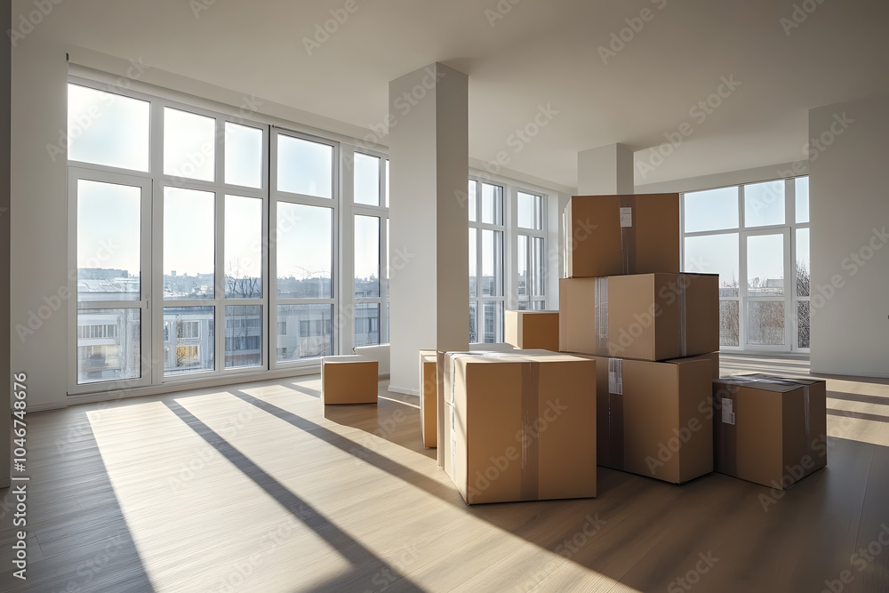 Cardboard boxes ready for moving in empty apartment with big windows Cardboard boxes ready for moving in empty apartment with big windows