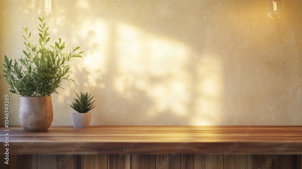 Cozy interior with wooden table and potted plants in sunlight, creating a warm and inviting atmosphere Cozy interior with wooden table and potted plants in sunlight, creating a warm and inviting atmosphere