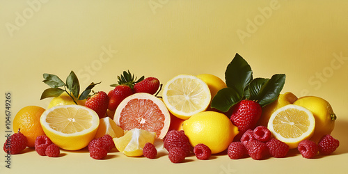 Assorted Citrus and Berries on Yellow Background photo