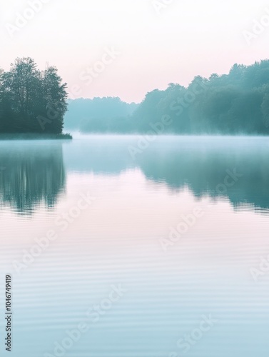 The stillness of the lake in the early morning light is amplified by a gentle mist, creating a peaceful and reflective atmosphere. Generative AI