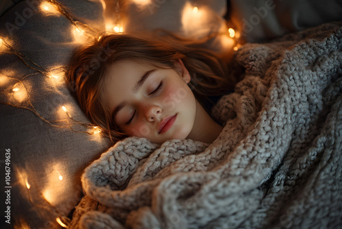 Child sleeping in cozy bed with night lamp