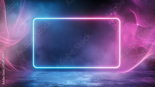 A vibrant neon frame illuminated with pink and blue hues, set against a smoky backdrop, perfect for creative designs.