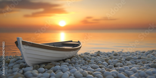 Boat Resting on Rocky Shore at Sunset photo