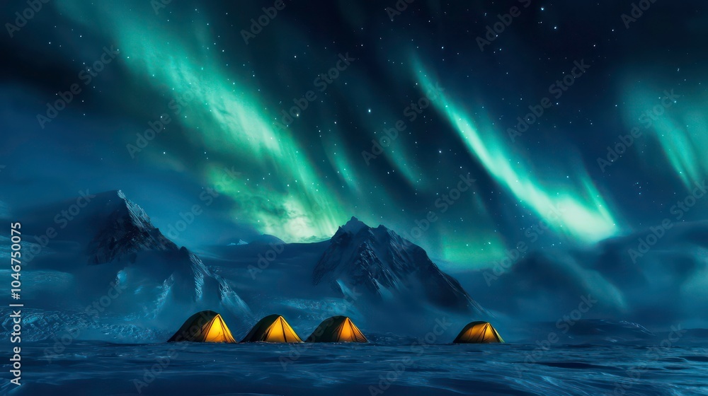 Three tents are set up on a snowy plain under the aurora borealis. The tents are illuminated from the inside. Three tents are set up on a snowy plain under the aurora borealis. The tents are illuminated from the inside.