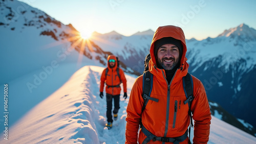 Wallpaper Mural Two Climbers Hiking on a Snowy Mountain Ridge at Sunrise, Winter Adventure Concept.  Torontodigital.ca