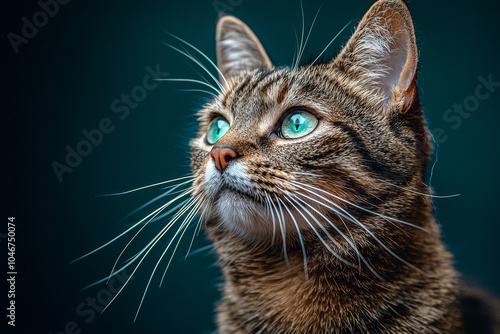 close up view of cat showcasing its striking green eyes and prominent whiskers, exuding sense of curiosity and wonder. felines fur is beautifully detailed against soft background