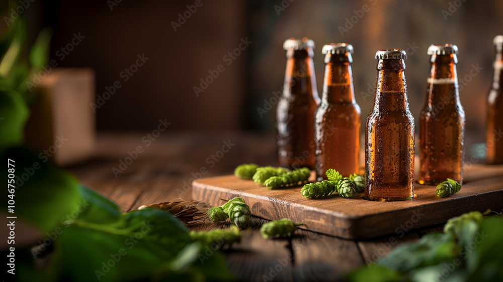 Close up of four bottles of beer on a wooden board with hops. Close up of four bottles of beer on a wooden board with hops.