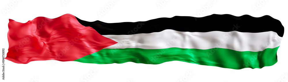 Stylized flag of Palestine waving in the wind on transparent background. Footer, header or divider. Cut out wide, panoramic element. Banner for patriotic themes or national event promotions. 3D. Stylized flag of Palestine waving in the wind on transparent background. Footer, header or divider. Cut out wide, panoramic element. Banner for patriotic themes or national event promotions. 3D.