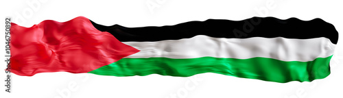 Stylized flag of Palestine waving in the wind on transparent background. Footer, header or divider. Cut out wide, panoramic element. Banner for patriotic themes or national event promotions. 3D.