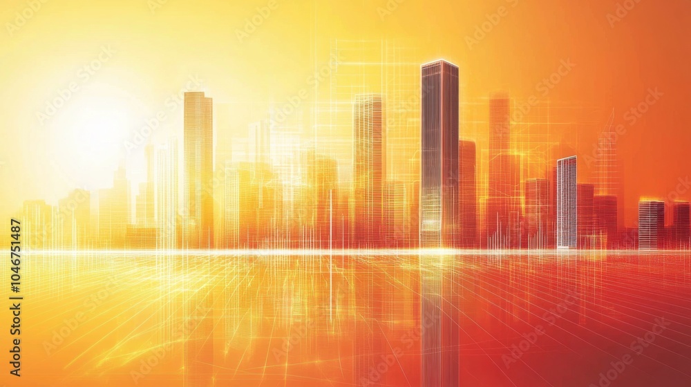 Fototapeta premium Stunning city skyline at sunset with reflections, creating a warm glow of urban architecture and serenity