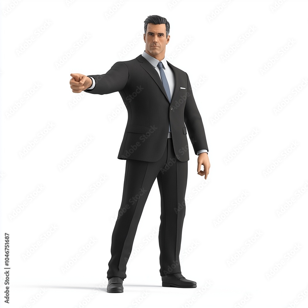 A stylized human character stands confidently in a suit, pointing towards the viewer in a modern, minimalist interior during the daytime A stylized human character stands confidently in a suit, pointing towards the viewer in a modern, minimalist interior during the daytime