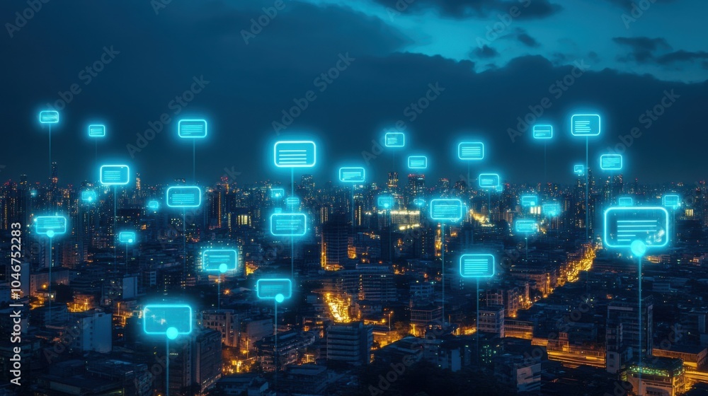 Fototapeta premium Holographic Text Boxes Hovering Above Cityscape