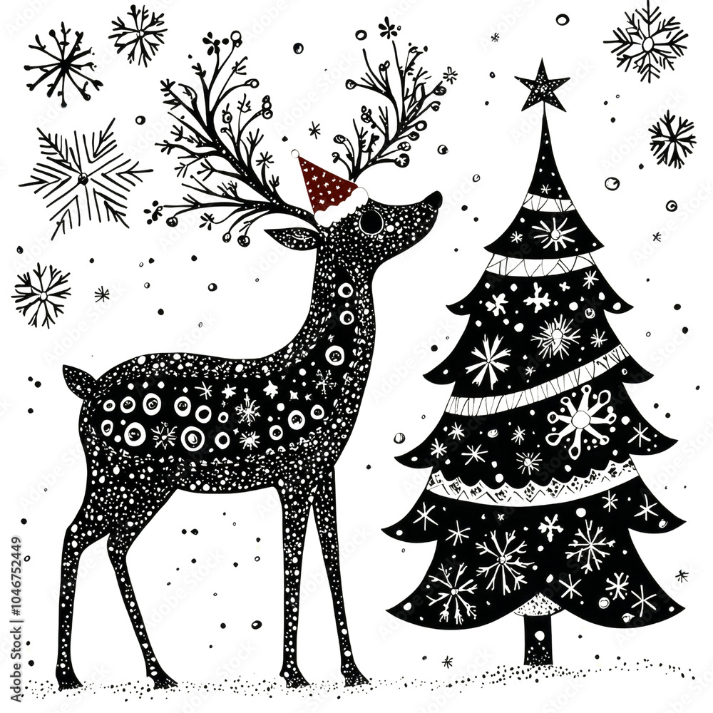 Naklejka premium Festive Reindeer and Christmas Tree with Snowflake Decorations