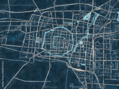 Painterly Style City Map of Heze, People's Republic of China in a Blue Color Scheme. photo